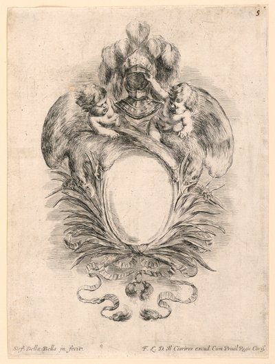 护额，"Raccolta di varii cappriccii et nove inventioni di cartelle et ornamenti "中的第 5 号。 作者 斯蒂法诺·德拉·贝拉
