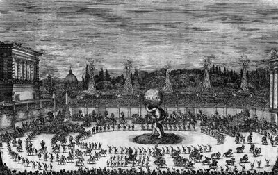 在 "Il mondo feggiante "中的17世纪佛罗伦萨的庆典。骑士芭蕾舞在塞纳斯宫的剧院上演。大公爵，为最尊贵的科西莫-特佐-迪-托斯卡纳王子和玛格丽塔-路易莎-德-奥尔良的皇家婚礼。"低音板 作者 斯蒂法诺·德拉·贝拉