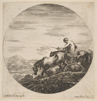 骑马的牧民从六个动物对象身上驱赶动物，大约六个sujets danimaux，ca。 1646。 作者 斯蒂法诺·德拉·贝拉