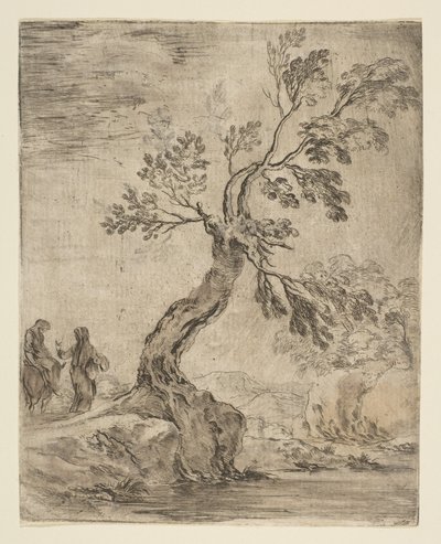 与两个女人在一起的风景，一个装在驴上，约。 1660。 作者 斯蒂法诺·德拉·贝拉