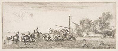 海战，一艘装满人的划艇在左边用火枪战斗，人们淹死了......，约1641年。 作者 斯蒂法诺·德拉·贝拉