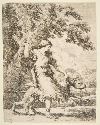 牵着一只大狗的仙女，约1654年。 作者 斯蒂法诺·德拉·贝拉