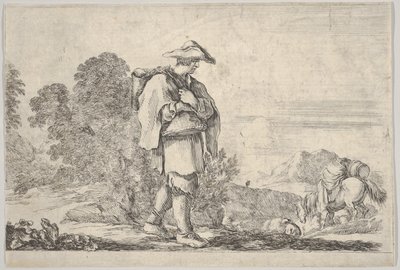 图版11：一个戴着帽子的农民在中间，向右走去，一匹马下来...，约1641年。 作者 斯蒂法诺·德拉·贝拉