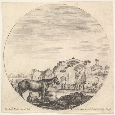 图版12：右边是一个睡在地上的牧羊人，左边是三匹马，其他是......，约1643-48。 作者 斯蒂法诺·德拉·贝拉