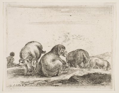 图12：牧场上的绵羊和公羊，购自Diversi animali，ca。 1641。 作者 斯蒂法诺·德拉·贝拉