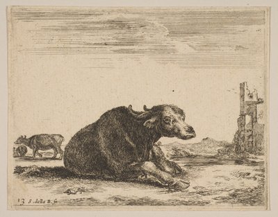 图13：躺下的水牛，来自Diversi animali，ca。 1641。 作者 斯蒂法诺·德拉·贝拉