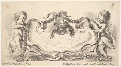 图17：带有大理石中心的圆形装饰物，两侧各有一个花环的婴儿，...，1646年。 作者 斯蒂法诺·德拉·贝拉