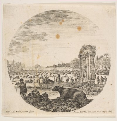 图2：坎波·瓦奇诺（Campo Vaccino），一个水牛和两个牧羊人，居中，方丹酮在右边……，大约。 1646。 作者 斯蒂法诺·德拉·贝拉