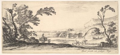 图版3：两个骑手在右边过河，一个女人在唐克上放着两个篮子...，约1641年。 作者 斯蒂法诺·德拉·贝拉