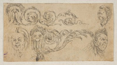 图版4：五个怪诞的头像，来自 "Friezes, foliage, and grotesques" Frises, feu...，约1642-43。 作者 斯蒂法诺·德拉·贝拉