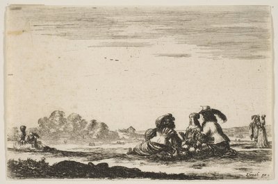 图7：两个贵族坐在中央，从后面看，与一个贵妇海交谈...，1642年。 作者 斯蒂法诺·德拉·贝拉