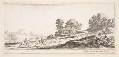 图9：左边的两个骑兵向右奔腾，有一匹马和一个坐着的马... 1641。 作者 斯蒂法诺·德拉·贝拉
