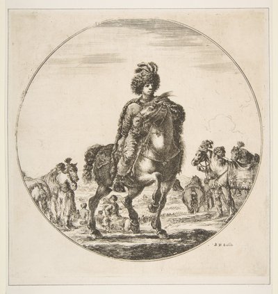 波兰骑兵朝右，圆形构图，出自《骑马骑士团》上的人物雕像，约1651。 作者 斯蒂法诺·德拉·贝拉