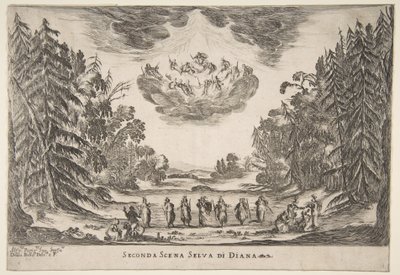 众神的婚礼：第二幕，戴安娜，1637年。 作者 斯蒂法诺·德拉·贝拉