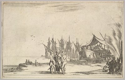 1639年，三名戴着帽子的男子站在中央，将一艘船固定在右边，五艘船及其变种。 作者 斯蒂法诺·德拉·贝拉