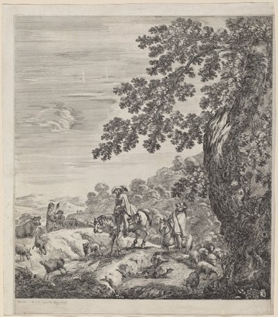 两个骑手在一群动物附近经过，1656年。 作者 斯蒂法诺·德拉·贝拉