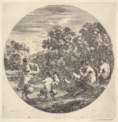 两个色狼和一个精灵坐在右边，看着两个孩子色狼和另一个色狼。 1643-48。 作者 斯蒂法诺·德拉·贝拉