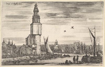 阿姆斯特丹Vue dAmsterdam，塔和房子向左看，站在码头上的人...，1647年。 作者 斯蒂法诺·德拉·贝拉