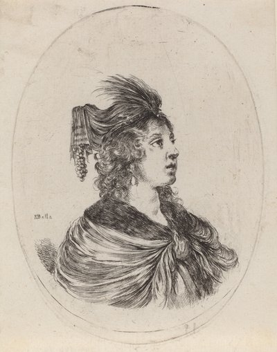 戴着羽毛头巾的女人，向右转，1649-1650。 作者 斯蒂法诺·德拉·贝拉