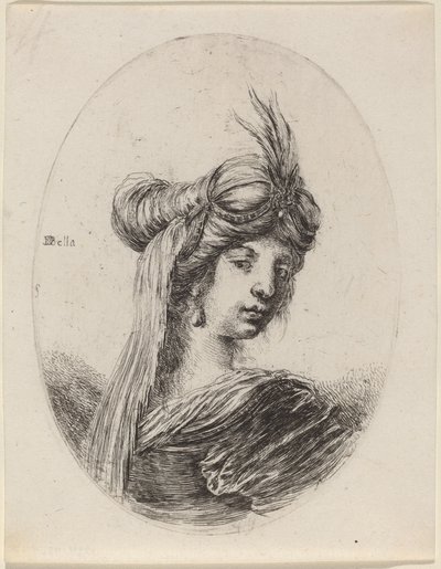 戴着羽毛头巾和面纱的女人，向右转，1649-1650。 作者 斯蒂法诺·德拉·贝拉