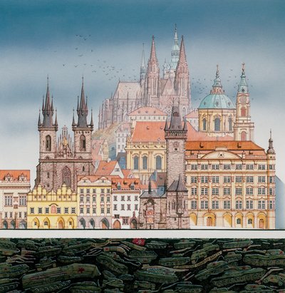布拉格建筑和俄罗斯坦克，约 1980-1991 年（水墨画） 作者 斯蒂芬·康林