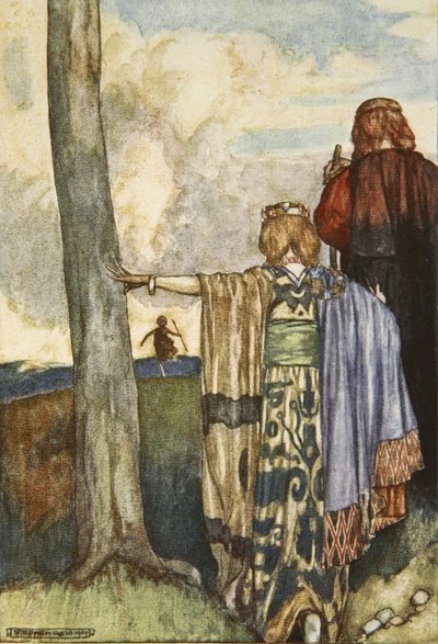 梅芙王后会见库丘林，插图选自埃莉诺-赫尔（Eleanor Hull，1860-1935 年）的《库丘林，阿尔斯特的猎犬》。 作者 斯蒂芬·里德