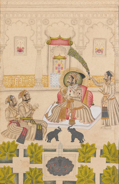 Maharana Amar Singh II被显示为两只银象，ca。 1705。 作者 点画大师