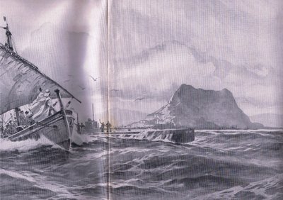 德国潜艇在前往达德尼尔海峡的途中穿过直布罗陀海峡，摘自《1914-1915年世界大战插图史》，由Union Berlagsefellfchaft出版。 作者 威利斯托