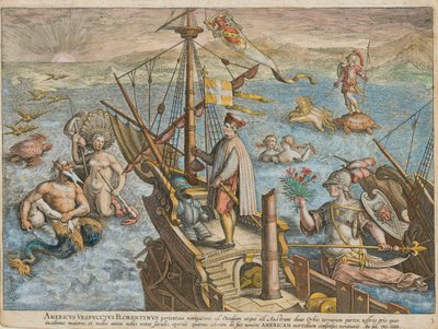 Amerigo Vespucci Americae Retectio, 1591。 作者 斯特拉达努斯