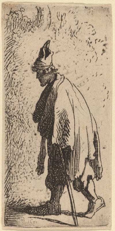 持杖乞丐，向左走 作者 Studio of Rembrandt van Rijn