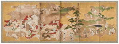 樱花下的野餐和
河上泛舟，18 世纪中叶（一对六扇屏风；纸本水墨、彩色和金色
纸） 作者 西川辅伸