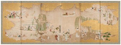 樱花下的野餐和
河上泛舟，18 世纪中叶（一对六扇屏风；纸本水墨、彩色和金色
纸） 作者 西川辅伸