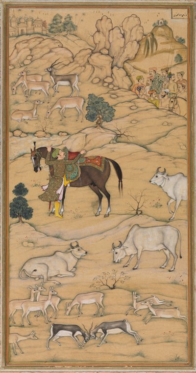 阿克巴骑马，切斯特-比蒂的《阿克巴纳马史》中的一页，1605-07。 作者 苏尔达斯古吉拉特语