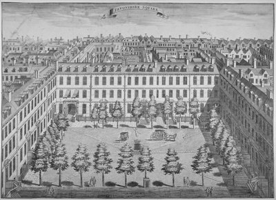 伦敦市德文郡广场的鸟瞰图，1740年。                                           作者 萨顿·尼科尔斯