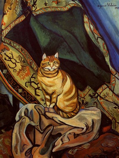 坐在布上的拉米努猫 作者 Suzanne Valadon