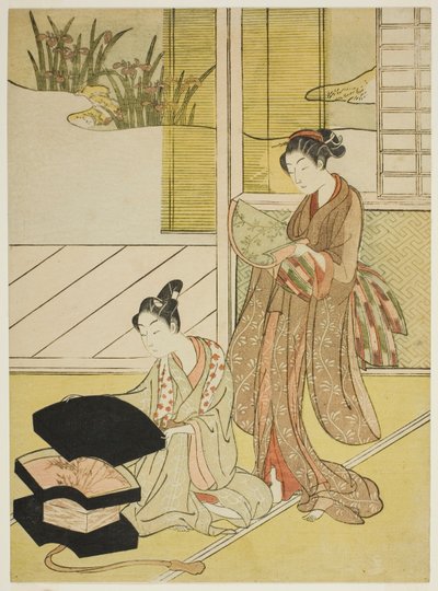 向年轻女子展示商品的扇子小贩 作者 铃木春信