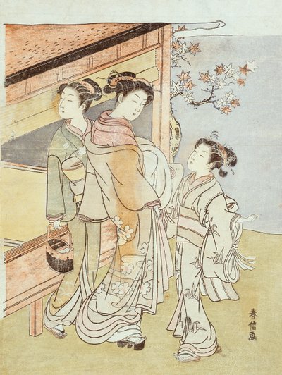 一位女士和服务员与信使见面（木刻版画） 作者 铃木春信