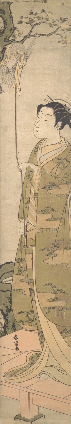 一个女人和一只爬上树的猴子玩耍，约1770年，约1770年。 作者 铃木春信