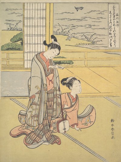 拿着三味线的年轻男女，西京和尚，来自暗指Thre...的系列，约1768。 作者 铃木春信