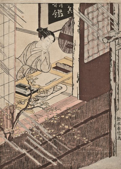 一位妇女坐在写字台前，望着窗外的雨景 作者 铃木春信