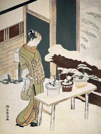 一位年轻女子在白雪皑皑的露台上欣赏她的邦扎伊斯。18 世纪（印刷品） 作者 铃木春信