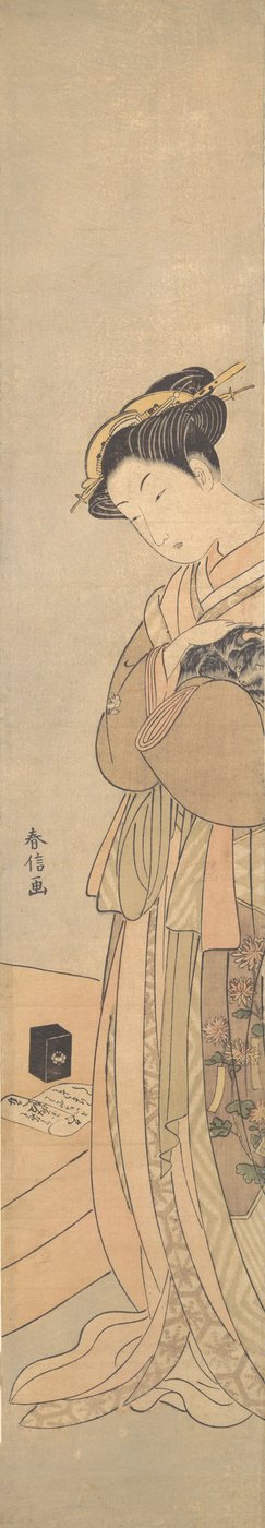 一个抱着黑狗的花魁，约1769.，约1769.。 作者 铃木春信