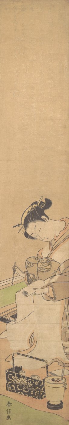 一个花魁坐在床上，写着一封信，约1769.，约1769.。 作者 铃木春信