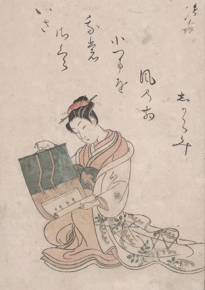 美女展开卷轴，约1770年（日本纸上的彩色木刻） 作者 铃木春信