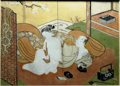 一对情侣躺在带屏风的室内，铃木春信（1725 年至 1770 年左右）的书法盒锦绘版画（锦绘）约 1765 年。 太阳。 20,6x27,8 cm 私人收藏 作者 铃木春信