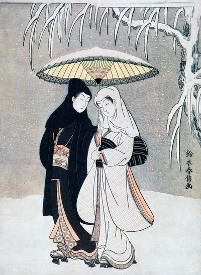 乌鸦和苍鹭，或年轻的恋人一起走在暴风雪中的一把雨伞下，c1769。 作者 铃木春信