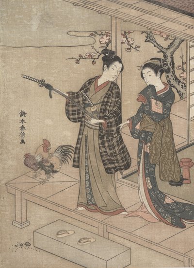 绅士在阳台上向他的夫人告别。 作者 铃木春信