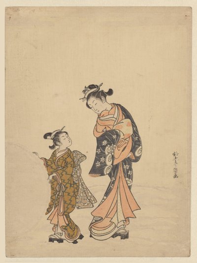 滚雪球的年轻女子和女孩 作者 铃木春信