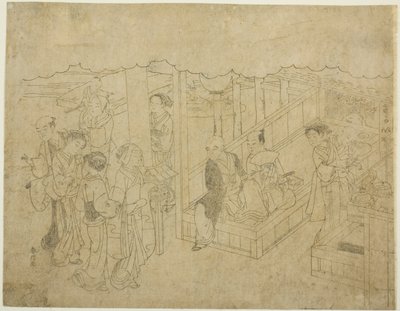 锦绣版画中的婚姻，贤良淑德的妇女的马车（Konrei nishiki misao-guruma）"系列的第一张纸《引子》（Miai）的关键块印花布 作者 铃木春信