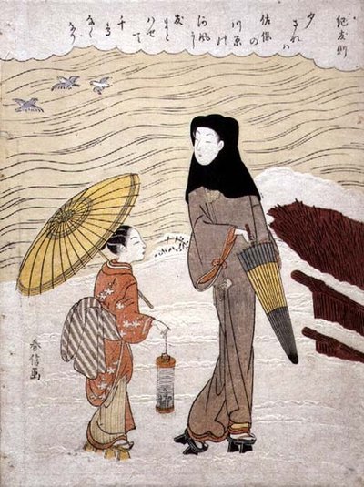 走在河边的女士和女仆，约1767年（木版画，带眨眼压印）。 作者 铃木春信